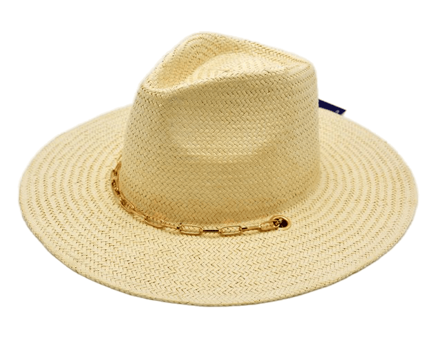 Elegant Summer Sun Hat Wide Brim Straw Fedora Hat with Gold Chain 