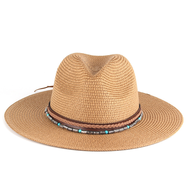 Bohemian Wide Brim Straw Fedora Turquoise Beaded Western Panama Sun Hat