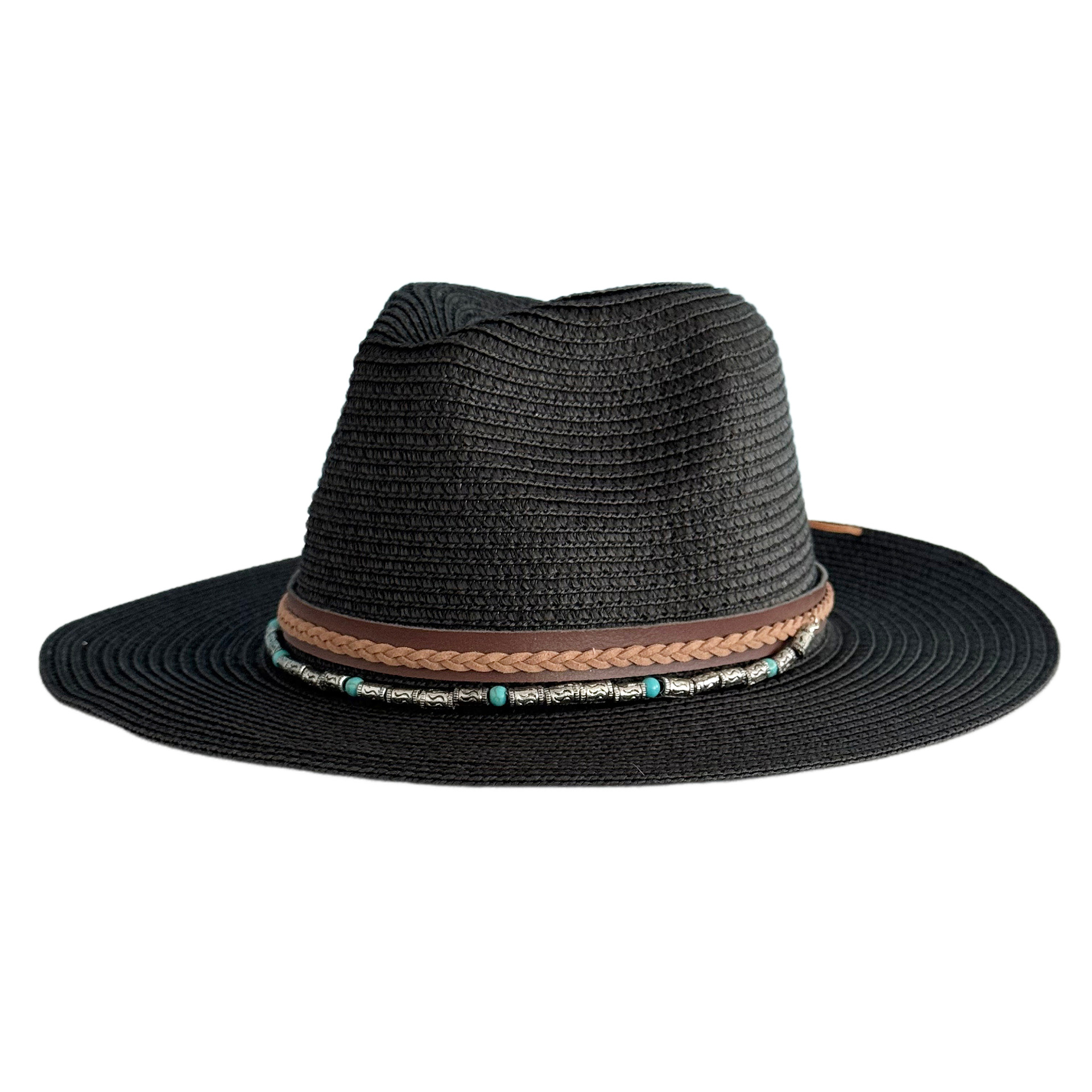 Bohemian Wide Brim Straw Fedora Turquoise Beaded Western Panama Sun Hat