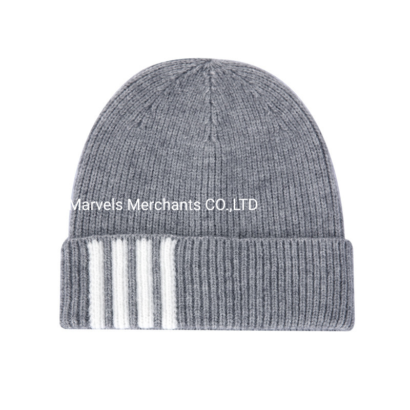 Dark Grey White Stripe Beanie Cuffed Warm Winter Hat for Unisex