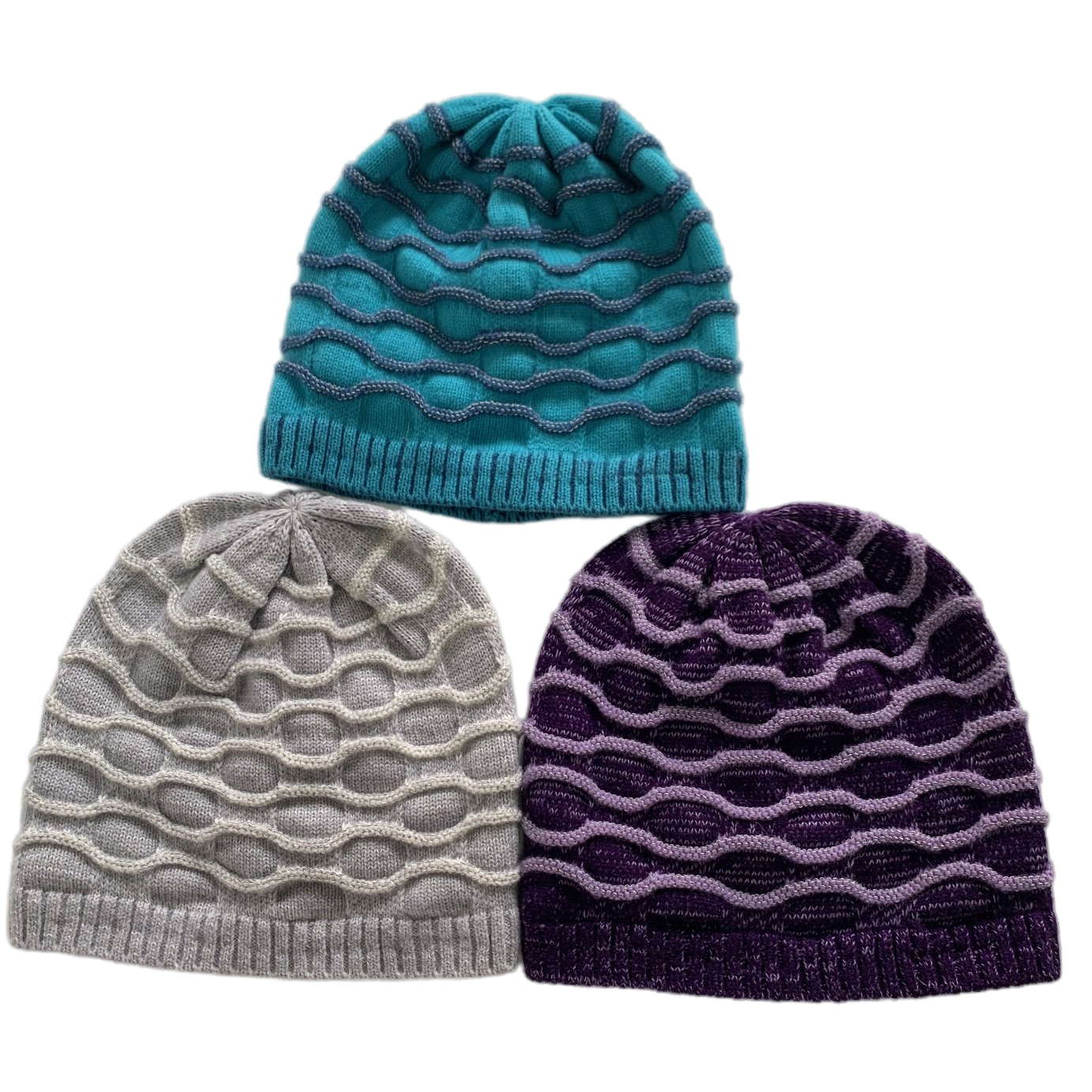 Wavy Textured Knit Beanie Hat No Cuff Winter Skull Cap