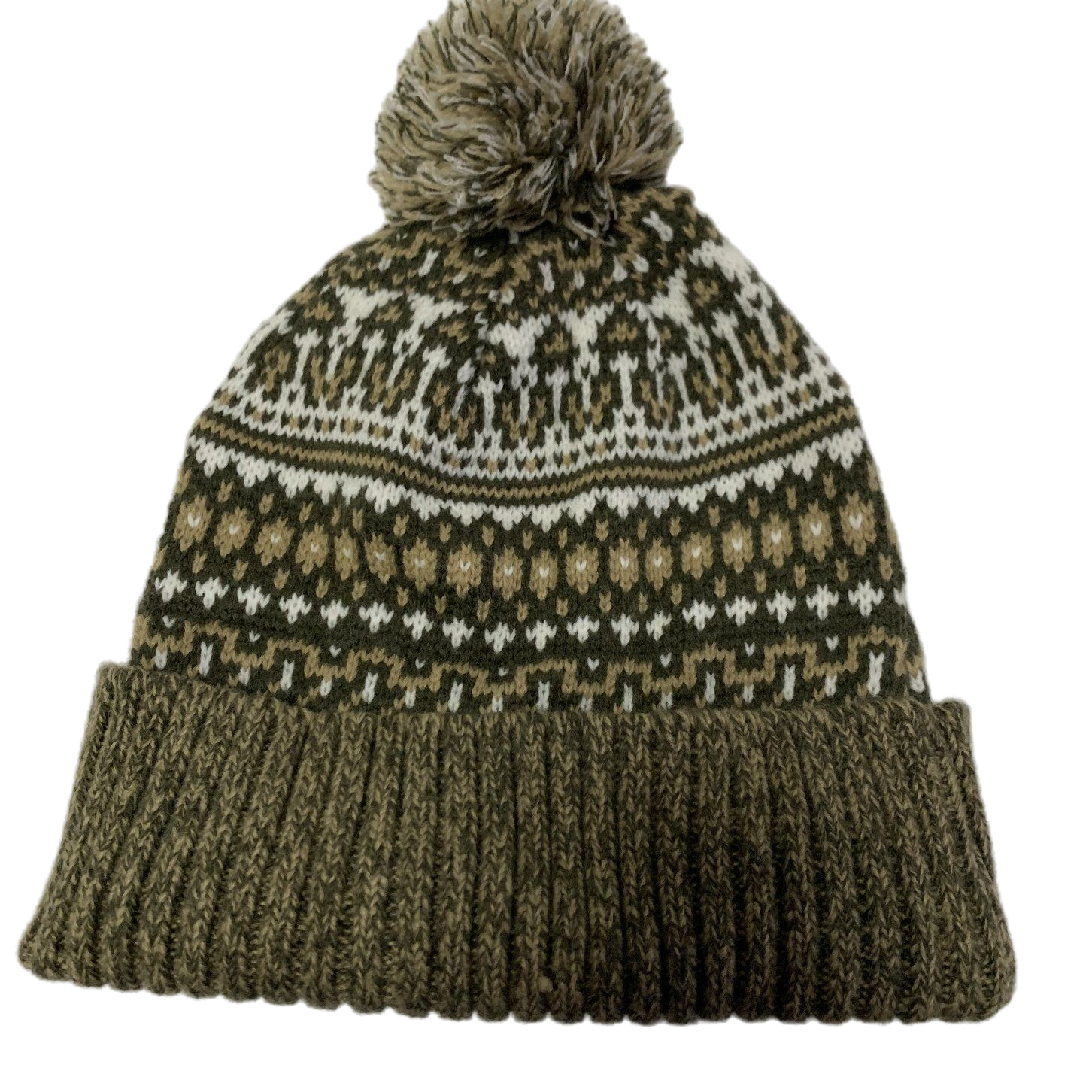 Olive Green Fair Isle Knit Pom Pom Beanie Hat