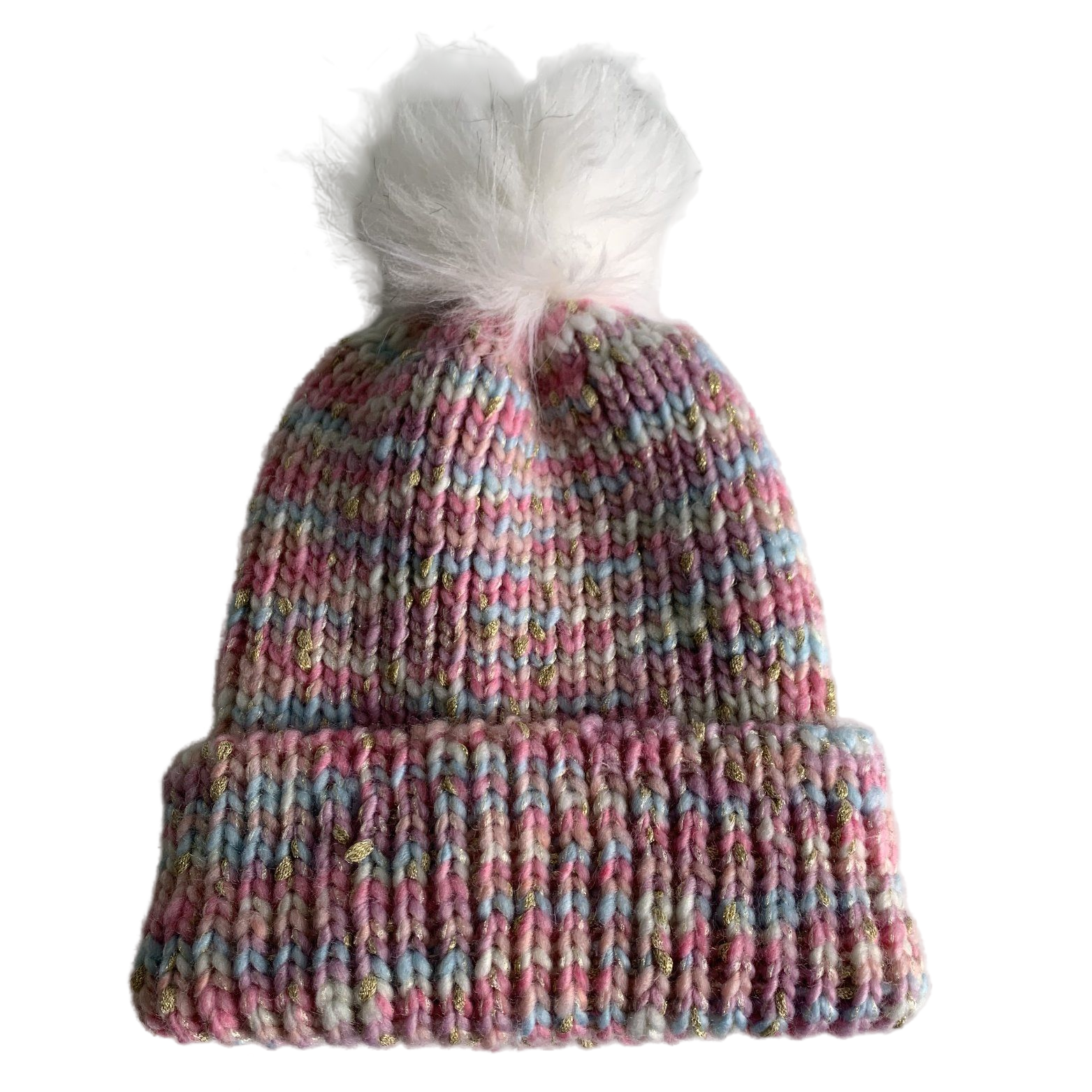 Pastel Ombre Knit Pom Pom Beanie with Gold Thread