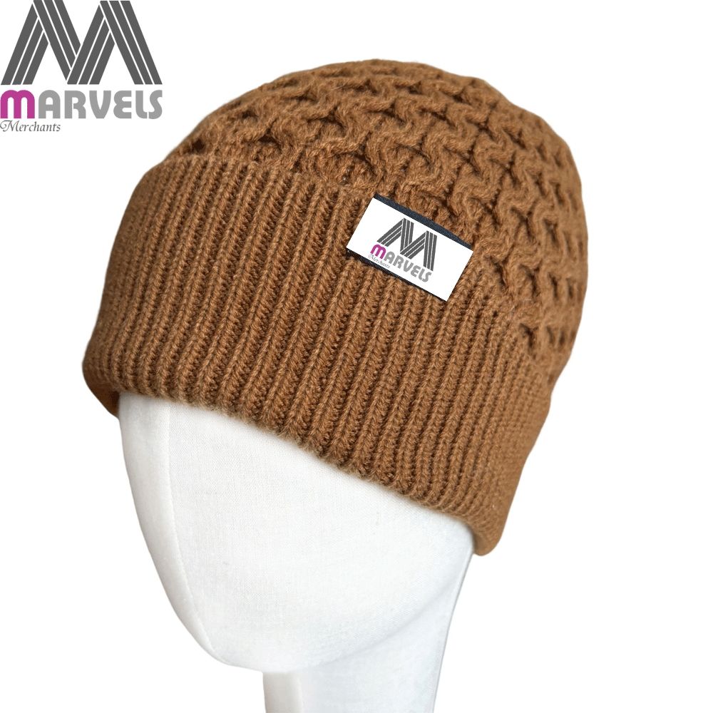 Unisex Brown Lattice Knit Cuffed Beanie