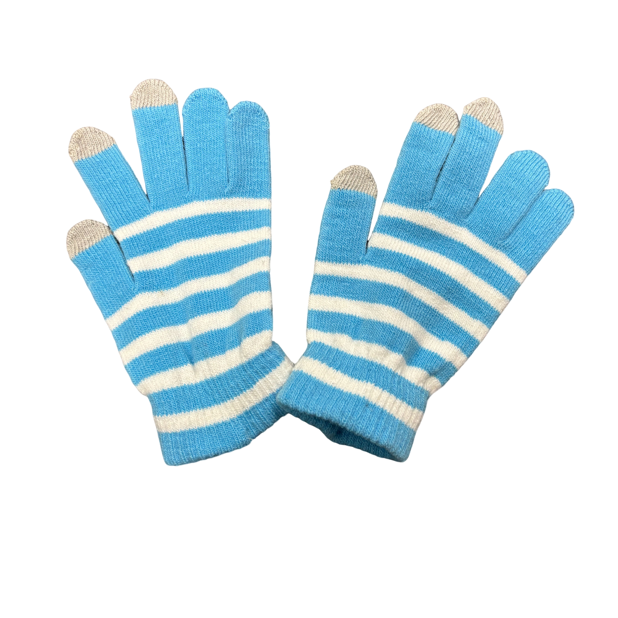 Blue and White Striped Knit Touchscreen Gloves