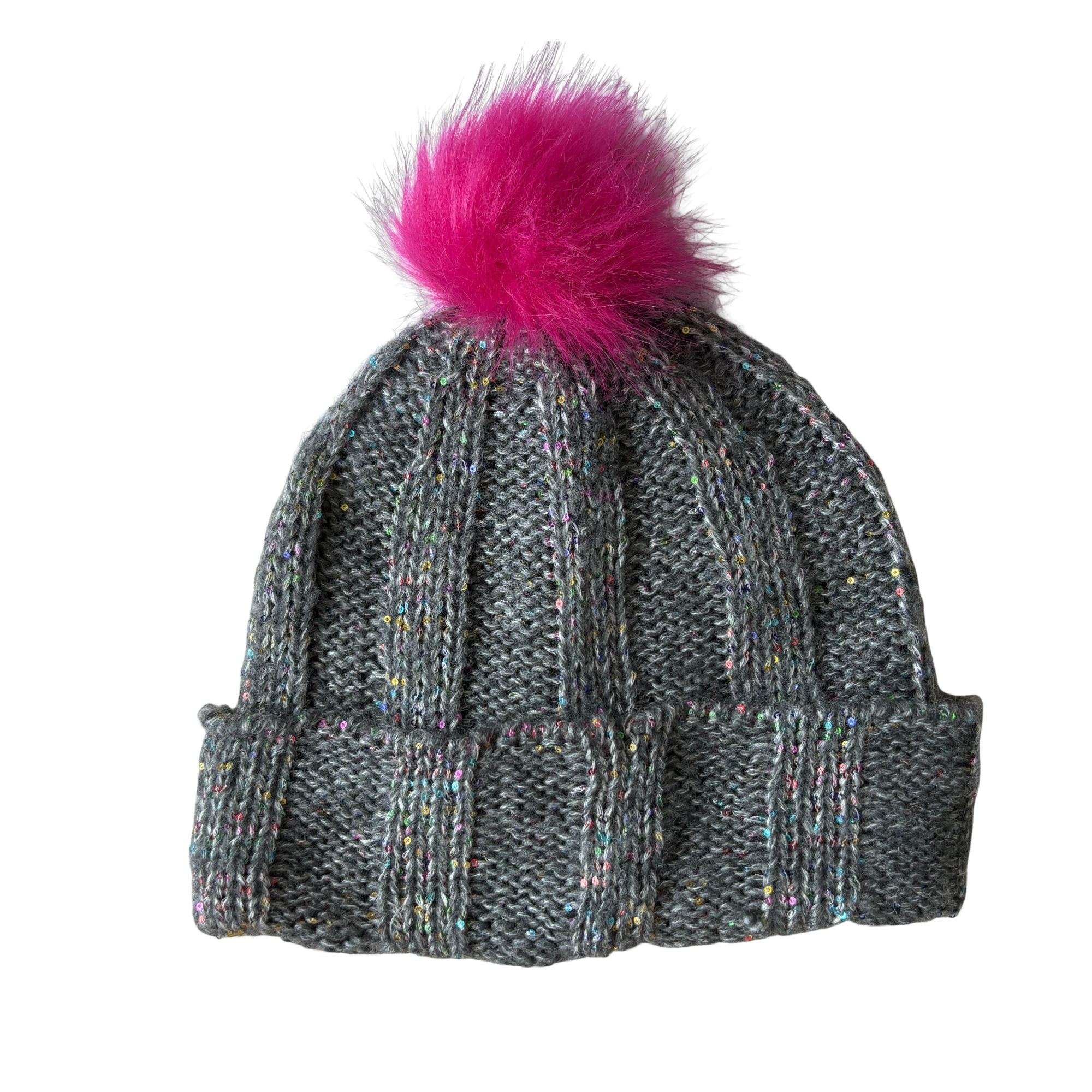 Thick Knit Winter Sparkle Beanie Hat with Pink Pom Pom
