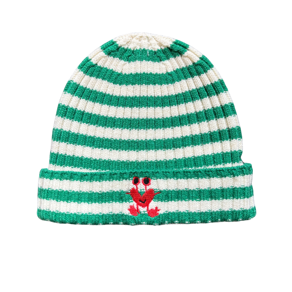 Green White Striped Knit Beanie with Cute Crab Embroidery